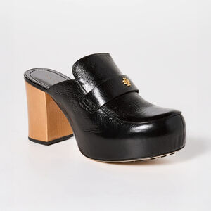 NIB Tory Burch Logo Platform Clogs Mule 85mm Tumbled Leather Perfect Black - 8.5